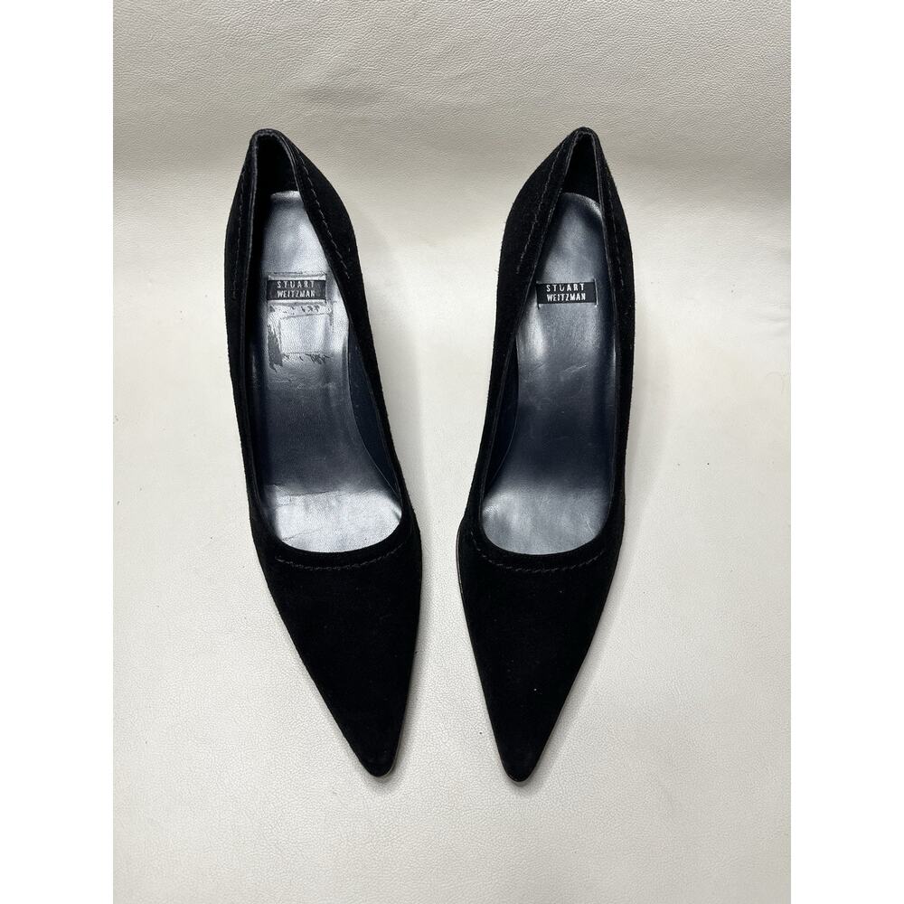 Vintage Y2K Stuart Weitzman Suede Point Toe Pumps Black Faux Wooden Heel Size 8 - Picture 2 of 9